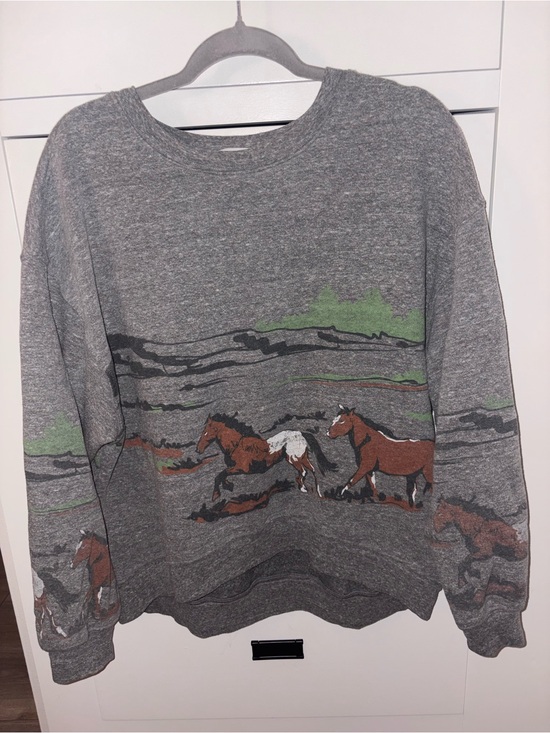 Daydreamer Tops - Daydreamer Gray Horse Graphic Sweatshirt with Earth Tones